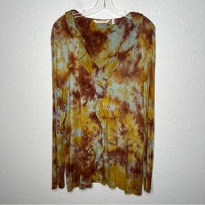 Soft Surroundings Long Sleeve Shirt Tunic 2X Tie Dye Ruffle V Neck Top Blouse